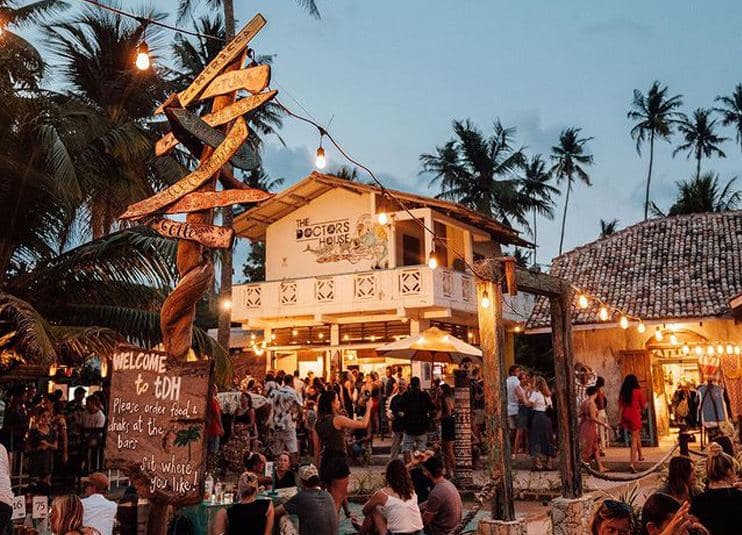 The bar lit up at night